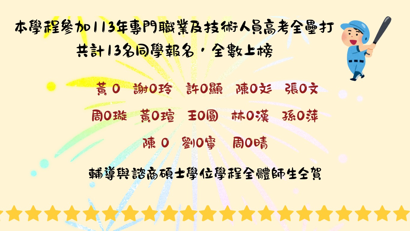 恭賀本學程黃O等13人考取113年專門職業與技術人員高等考試諮商心理師